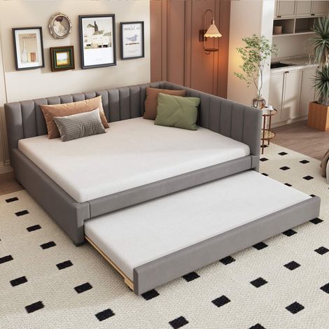 Lit gigogne 140x200 cm avec sommier à lattes inclus, canapé-lit extensible en velours gris, lit multifonction enfant ado invité, sans matelas (1/5)