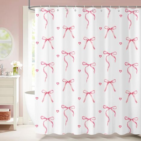 Rideau de Douche Rose Nœud 180 x 180 cm, Mignon Rose Blanc Nœud Papillon Rideaux de Douche, Imperméable Anti-Moisissures Tissu Rideaux de Baignoire pour Salle de Bain avec 12 Crochets (1/5)