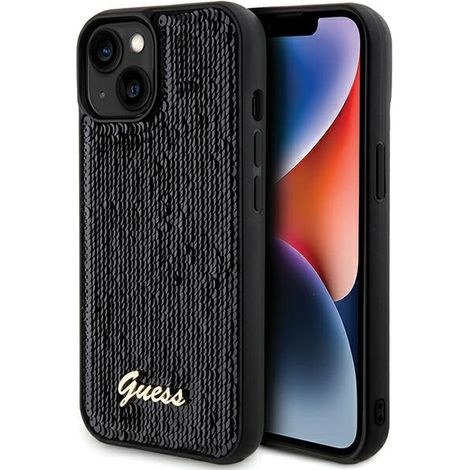 Guess GUHCP14SPSFDGSK iPhone 14 / 15 / 13 6.1" custodia rigida nera/nera con scritta in paillettes e metallo (1/5)