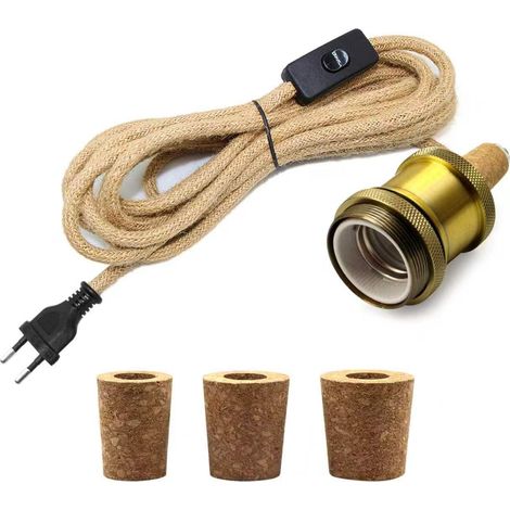 Adaptateur Bouteille pour Douille de Lampe, 240CM Corde de Chanvre Câble, Douille E27, Support Ampoule Bouteille, 3 Bouchons Souples, Kit Lampe Bouteille pour Différent Bouteille, Bronze Couleur (1/5)