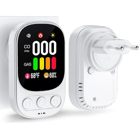 (4-in-1) Kohlenmonoxid-Melder zum Einstecken (batterielos) – Kohlenmonoxid-Melder mit Temperatur- und Feuchtigkeitsanzeige – 85 dB Alarm – Weiß (1/5)
