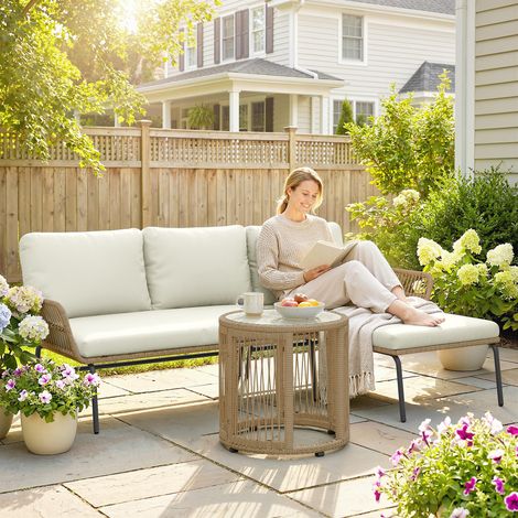 Conjunto de Muebles de Jardín Exterior de Ratán con Sofá de 2 Plazas Chaise Longue Cojines y Mesa Auxiliar Crema (1/5)