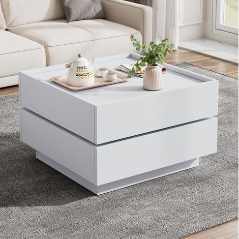 Table basse 60x60x38 cm blanche – plateau rotatif 360°, 2 tiroirs, panneaux de particules MEUBLIV (1/5)