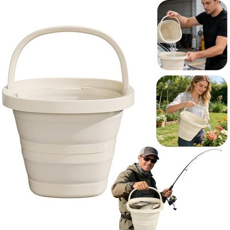 Seau pliable 5 L avec poignée - seau de nettoyage, de pêche et bain de pieds, écru (1/5)