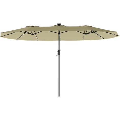 Rechteckiger Sonnenschirm 395 x 215 cm mit 36 Solar-LEDs, UPF 50+, 12 Streben, Kurbelgriff, Beige