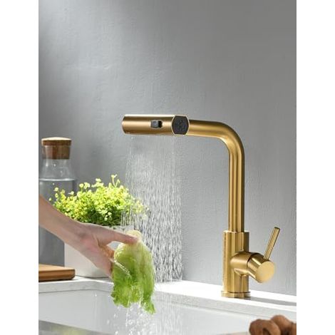 Robinet cuisine extractible pivotant 360° – Mitigeur levier unique pour évier – Douchette rétractable pratique-Doré brossé