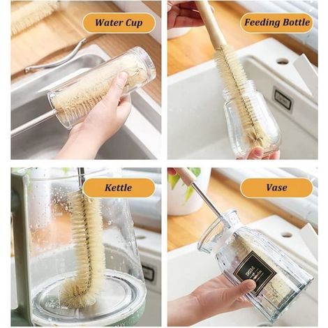 Ensemble de brosses pour bouteilles, 2 brosses en bois à manche long pour nettoyer naturellement les bouteilles d'eau (1/4)