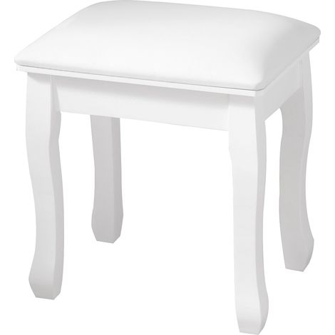 Taburete de tocador cuadrado acolchado blanco con patas de madera (1/5)