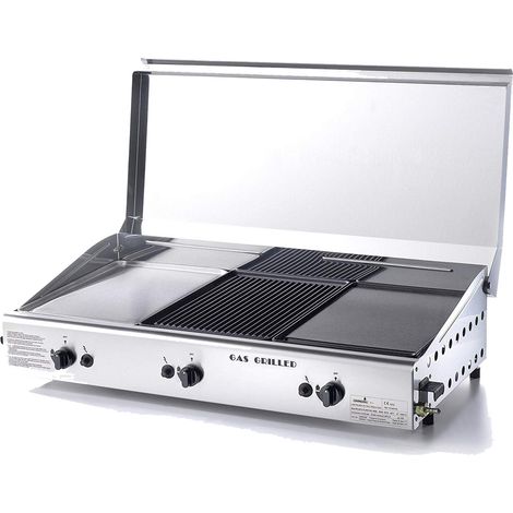 Plancha à gaz 3 brûleurs 6,9 kW – 3 plaques inox et fonte – Allumage piézoélectrique – Couvercle en acier inoxydable – Fabriqué en Italie – Ompagrill