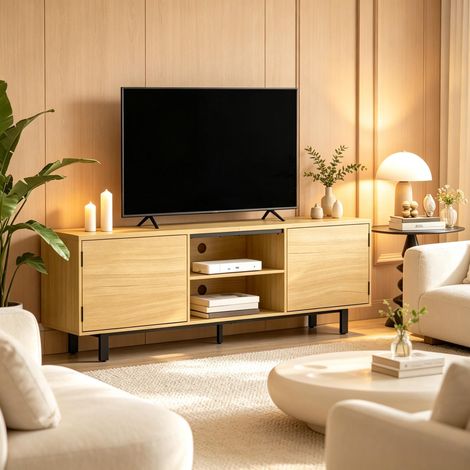 Portes push-to-open, meuble TV 160 cm pour téléviseur jusqu'à 65 pouces, 2 portes et 2 niches ouvertes (1/5)