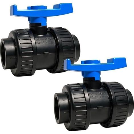 Vanne à Boule PVC Ø 40 mm - Lot de 2 - Double Union à Coller - Pression PN16 bars - Résistante aux Produits Chimiques (60°C) - pour Piscine, Jardin, Arrosage, Plomberie - Poignée Bleue