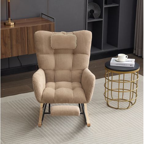 Chaise à bascule en velours côtelé marron 102 x 65 x 92 cm, dossier haut, repose-pieds escamotable et coussin cervical (1/5)