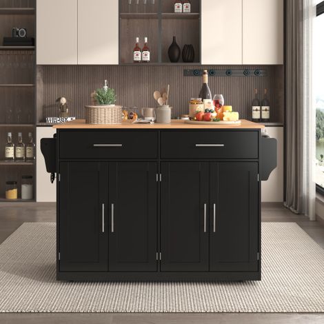 Îlot central cuisine mobile 120 cm avec table rabattable, desserte cuisine sur roulettes avec rangement, meuble cuisine avec tiroirs et portes, plan de travail effet bois noir (1/5)