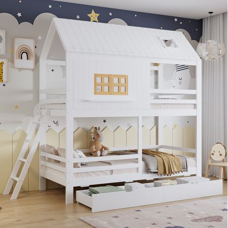 Lit superposé enfant en bois blanc et naturel 90x200 cm avec 2 tiroirs, échelle et sommier à lattes (1/5)
