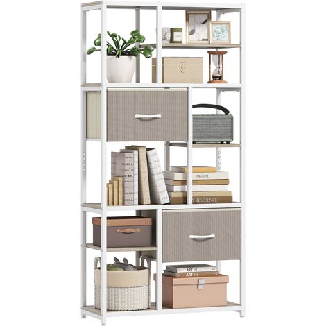 6-stufiges Aufbewahrungsregal mit Stoffschubladen, weißes Bücherregal 72,5 x 30 x 150 cm, 9 offene Fächer