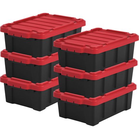 Caisse Rangement avec Couvercle Robuste, 12,5L, Lot de 6, Rouge, Compact, Durable, Empilable, pour Garage, Etagères, Déménagement, Plastique, Boite a Outils, Bac de Rangement, DDSKT-130 (1/5)