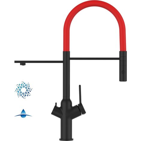Rubinetto 4 vie miscelatore cucina Nero Opaco con canale separato per acqua filtrata, canna rossa movibile e doccia due getti staccabile - serie BOD (1/5)