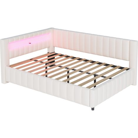 Letto imbottito 140 x 200 in velluto beige con LED e porta USB (1/5)