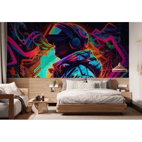 Papier peint Art numérique – personnage VR aux couleurs néon - 150 x 250 cm (1/2)