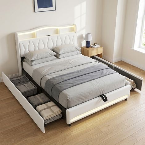 Doppelbett 140x200 cm mit 4 Schubladen, RGB-LED und USB-Type-C-Ladeanschluss, Kopfteil mit integriertem Stauraum, Samtbezug, modernes Design, Beige