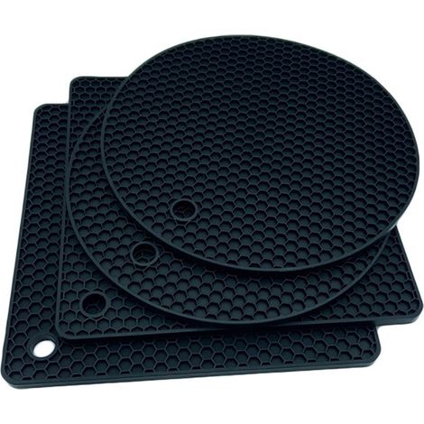Srvillg Lot 4 dessous-de-plat en silicone noir (2 ronds 2 carrés), alimentaire, antidérapant, pliable, résistant chaleur