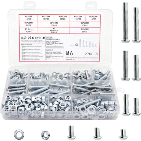 270 Pièces M6 Vis Boulons et Écrous et Rondelles Assortiment Kit, Boulons Vis à Tête Cylindrique, Vis à Métaux Cruciforme Galvanisées, DIN 7985(argent 270 M6) (1/5)