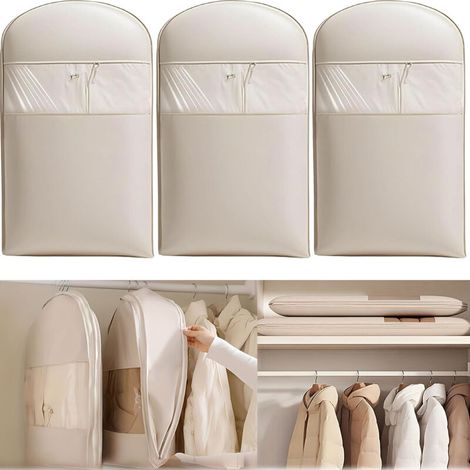 Lot de 3 cintres auto-compresseurs, organiseurs transparents anti-poussière, housses de rangement beiges pour manteaux et doudounes, 90 cm (1/5)