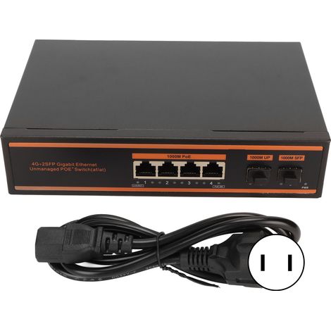 Commutateur PoE Gigabit 6 ports, 4×1000Mbps PoE + 2×10/100Mbps Uplink, détection intelligente PD, sans ventilateur, prise US 100‑240V. (1/5)