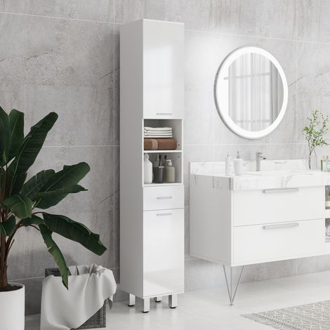 Meuble colonne salle de bain avec étagères réglables et compartiments ouverts, 30x30x180cm, blanc brillant (1/5)