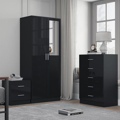 Reflect 2 Door Mirror Wardrobe, 5 Drawer Chest, 2 Drawer Bedside - Black Gloss & Black Oak - Modern Bedroom Furniture Set