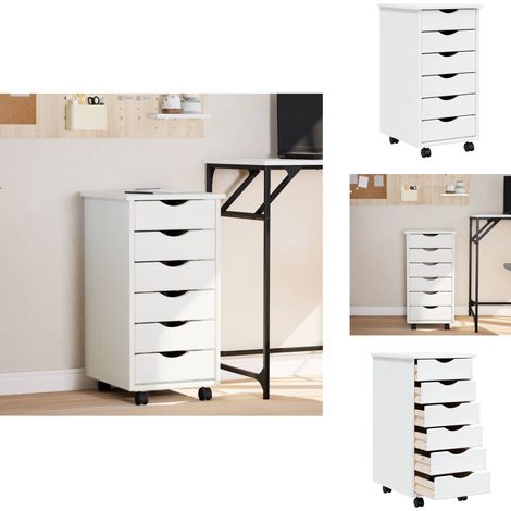 Armoire roulante avec tiroirs MOSS blanc bois de pin solide - Meuble Roulant - Commode - Classement - Rangement - Tiroir (1/5)
