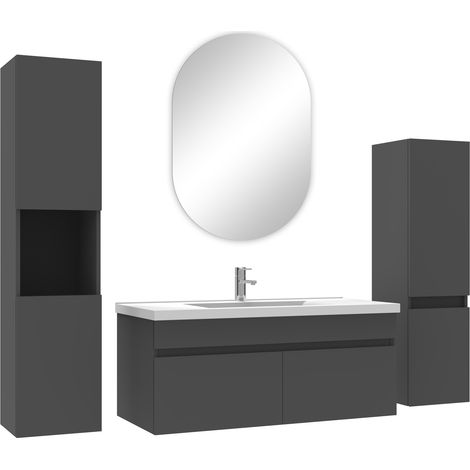 Ocean meuble Salle de Bain Anthracite 100cm simple vasque + colonne + miroir ovale