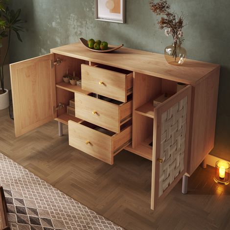 REDOM Credenza 120x40x75 cm, 2 ante e 3 cassetti, ripiani regolabili, gambe in metallo, legno color rovere