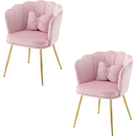 Set di 2 sedie in velluto rosa con schienale a petalo, gambe in metallo dorato e cuscini decorativi (1/5)