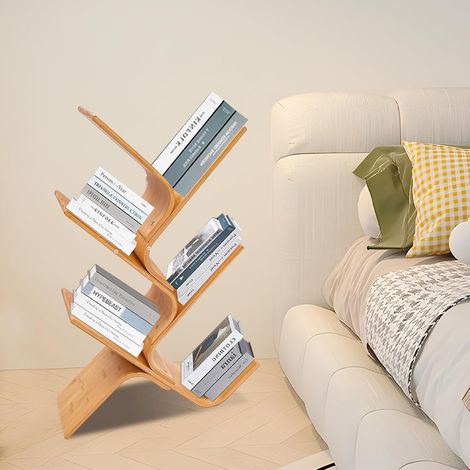 Bibliothèque en bambou à 5 étages avec motif arbre incurvé - Rangement moderne - Support créatif incurvé pour dossiers, livres, magazines, CD - 63 x 20 x 91 cm (1/5)