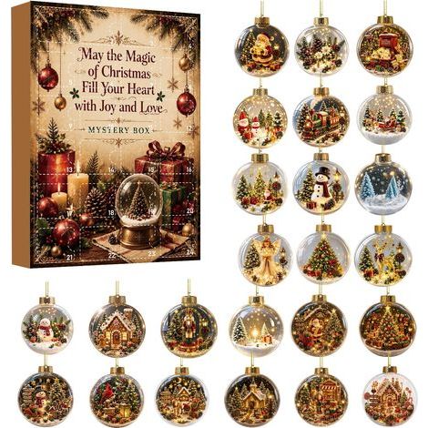 Weihnachts-Adventskalender, Überraschungsbox, Retro-Schneedeko, runder Acryl-Anhänger, Weihnachtsbaum-Anhänger, Geschenkbox mit Überraschungseffekt, 2D-Design (1/3)