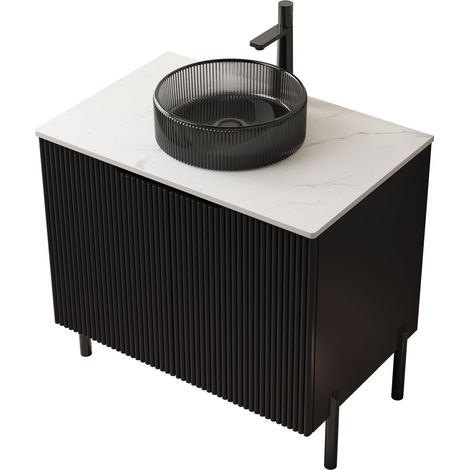 Meuble de salle de bains avec vasque ronde en verre noir transparent et plan en pierre sintrée blanche 76 cm (1/5)