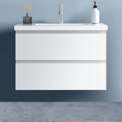 Badezimmer 80cm Waschtisch mit Unterschrank Badmöbel Set mit keramik-Waschbecken Unterschrank Weiß Hochglanz (1/5)