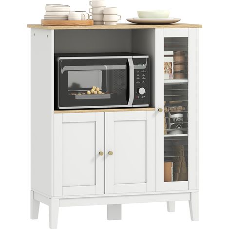 Mobile per forno a microonde da cucina con 1 nicchia, 3 ante passacavi, 80 x 35 x 97 cm, bianco ed effetto legno