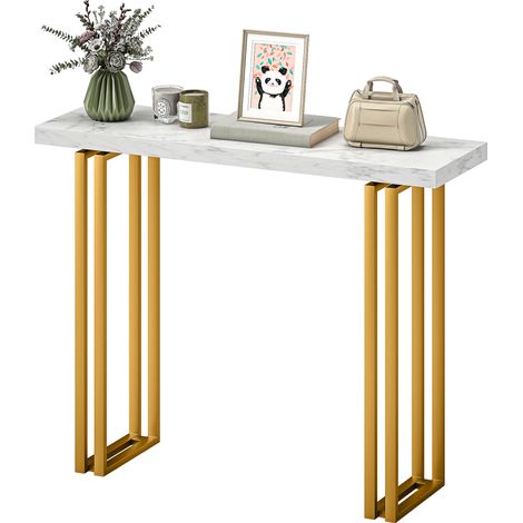 Table console imitation marbre blanc et or 100x30x78,5 cm acier
