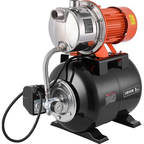 VEVOR Hauswasserwerk 1176 W, 6000 L/h Jetpumpe mit 19 L Druckbehälter, 57 m Förderhöhe, inkl. Automatischem Wasserfördersystem & Edlstahlpumpenkopf, zur Gartenbewässerung & Hauswasserversorgung (1/5)