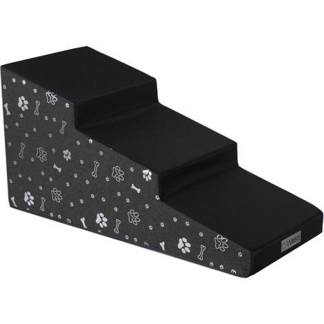Escalier pour chien 40 cm – 3 marches antidérapantes – Inclinaison douce pour sécurité – Tissu gris avec motifs argentés