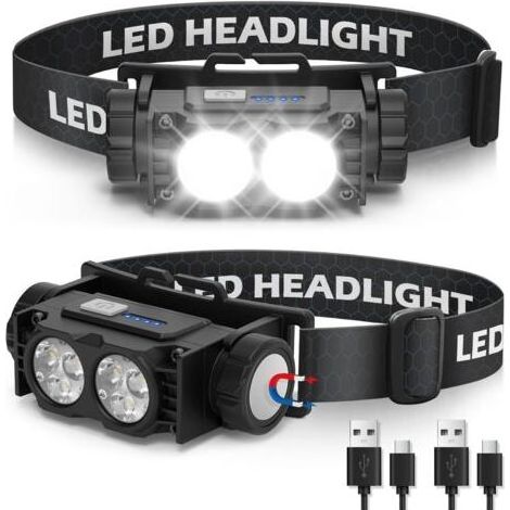 Ensemble de 2 lampes frontales, lampe frontale LED ultra-puissante de 2000 lumens, port USB, 3 modes d'éclairage, étanchéité IPX5, idéale pour le camping, le vélo et la course à pied (1/4)