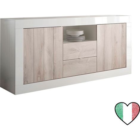 Credenza Buffet soggiorno Laccato Bianco, 2 ante e 2 cassetti pino L. 184 cm - Urbino (1/2)