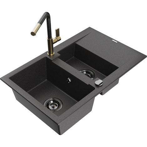 Mexen Gaspar lavello in granito a 1,5 vasca con scolapiatti e miscelatore cucina Flora, nero punteggiato - 6507-76-670401-75-B (1/5)