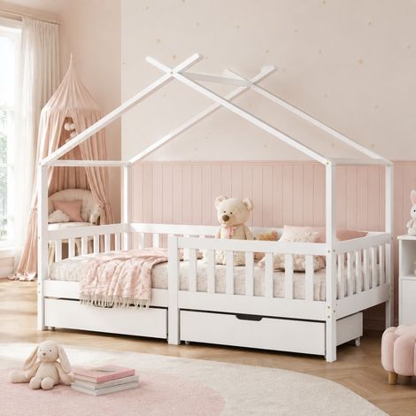 DESMIU Lit Cabane Enfant 1 Place avec 2 Tiroirs et Barrières de Sécurité 90 × 200 cm, Sans Matelas, Blanc (1/5)