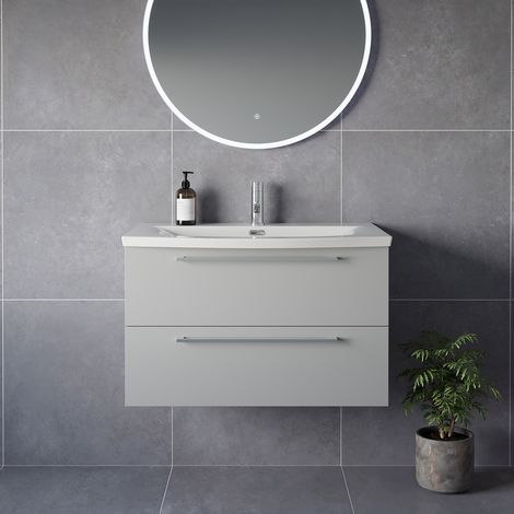 Napoli 390 Gloss Grey Pearl 800mm Wall Mounted 2 Drawer Vanity Unit with Arc Basin - 800mm - Chrome 480mm Handle