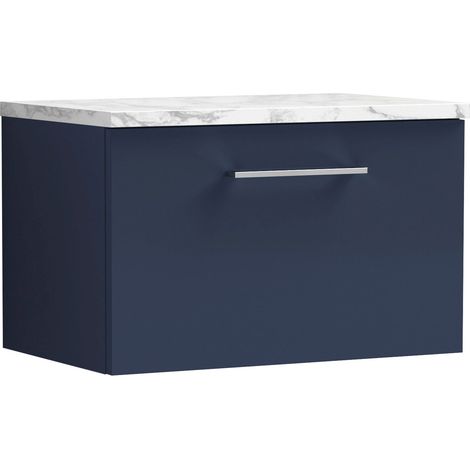 Nuie Arno Wall Hung 1-Drawer Vanity Unit with Carrera Marble Worktop 600mm Wide - Midnight Blue (1/4)