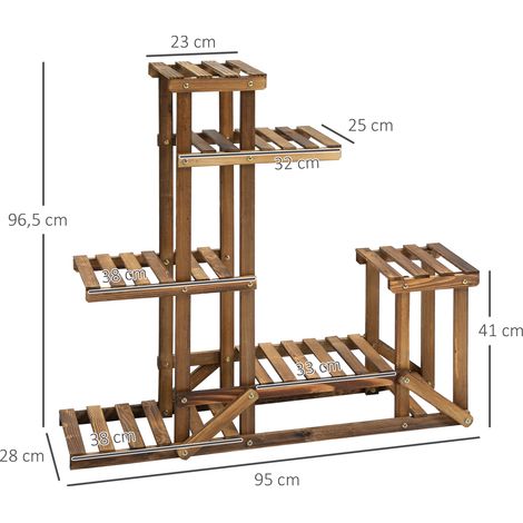 Étagère à plantes en bois massif 6 niveaux - Support fleuriste carbonisé 98x28x96,5 cm - Pour jardin et balcon, aspect naturel et rustique. (1/5)