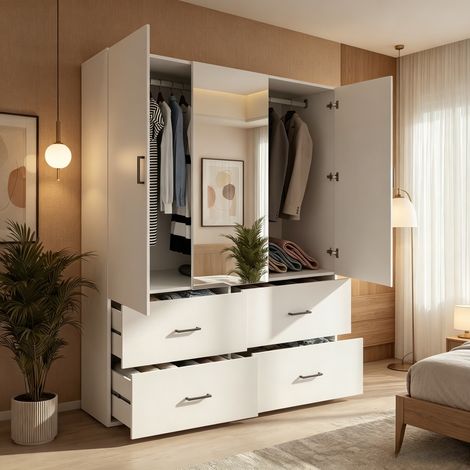 JOOKGBD-Armadio 2 Ante con 4 Cassetti e Specchio,Mobile da Giorno Polivalente per Camera,Soggiorno o Ingresso,Guardaroba Integrato,Spazio Ottimizzato,Bianco
